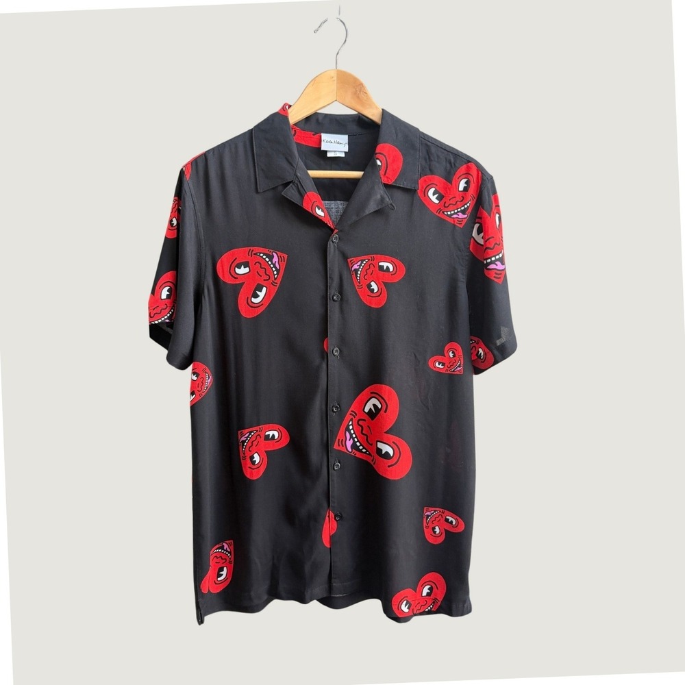 Keith Haring Ripple Junction Heart Print Black Rayon Camp Shirt Mens Small